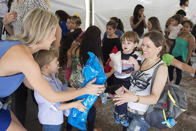 A group of volunteers organising activities for families and children. 