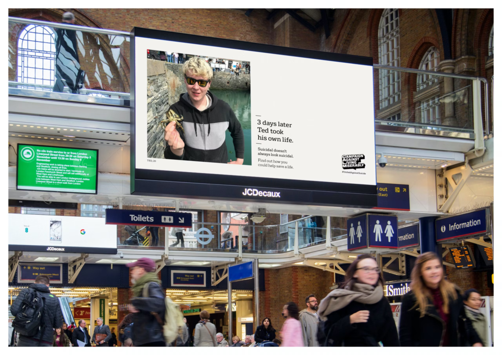 Outdoor poster of Last Photo campaign by CALM in a national train station