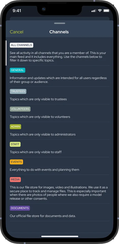 SoGood Community app: channel selection