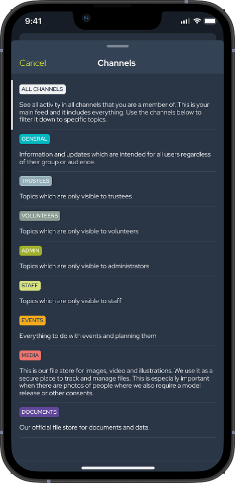 SoGood Community app: channel selection